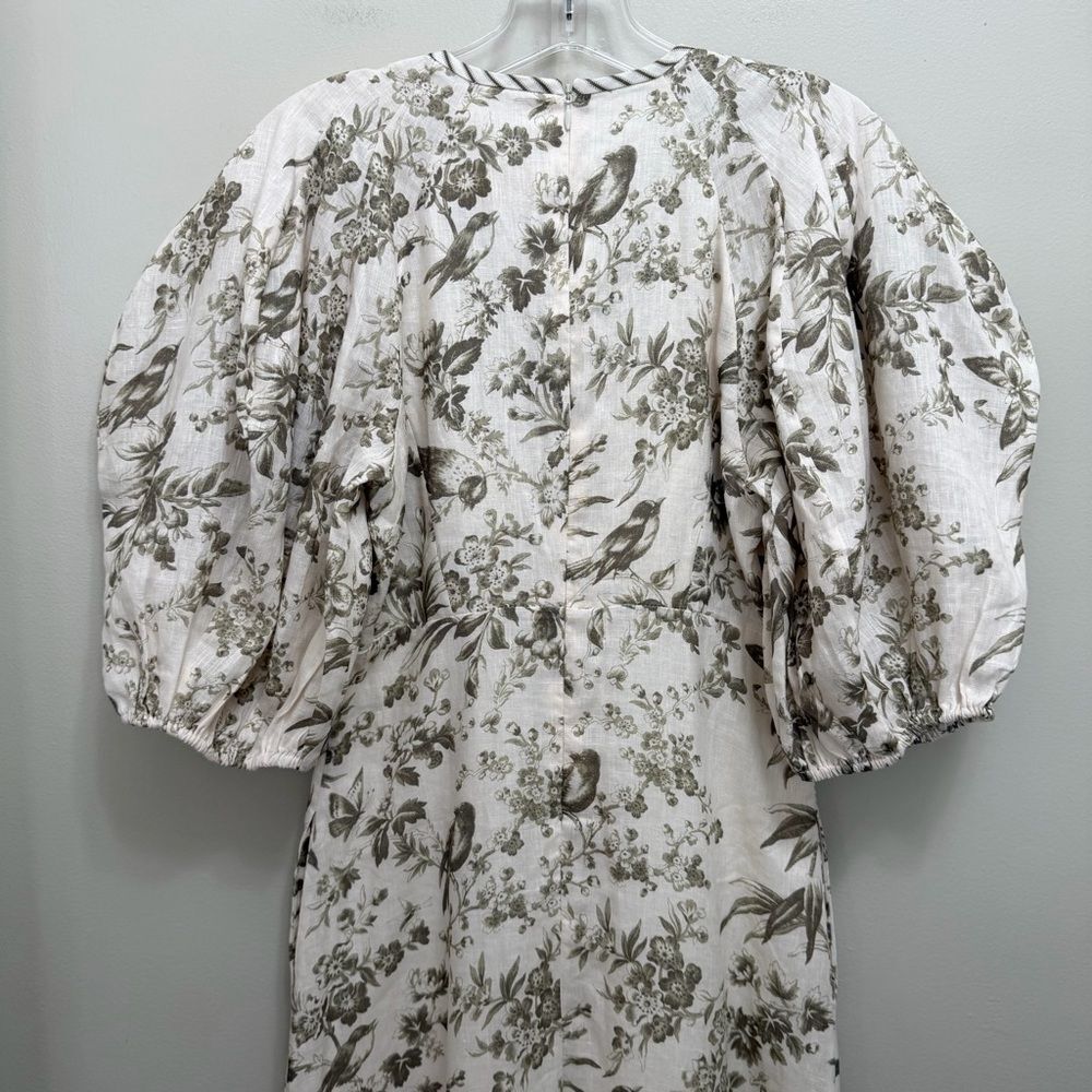 Zimmermann Linen Day Midi Dress Puff Sleeve Pockets Olive Green Toile Floral 6 - Picture 6 of 13